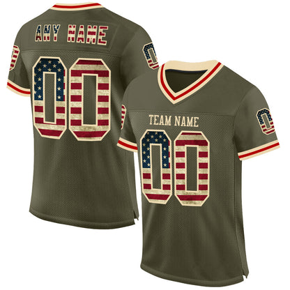 Custom Olive Vintage USA Flag Cream-Red Mesh Authentic Throwback Salute To Service Football Jersey - Sky-Custom