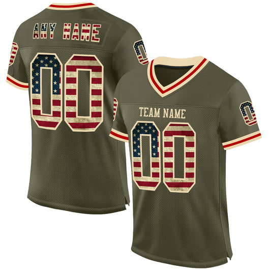 Custom Olive Vintage USA Flag Cream-Red Mesh Authentic Throwback Salute To Service Football Jersey - Sky-Custom