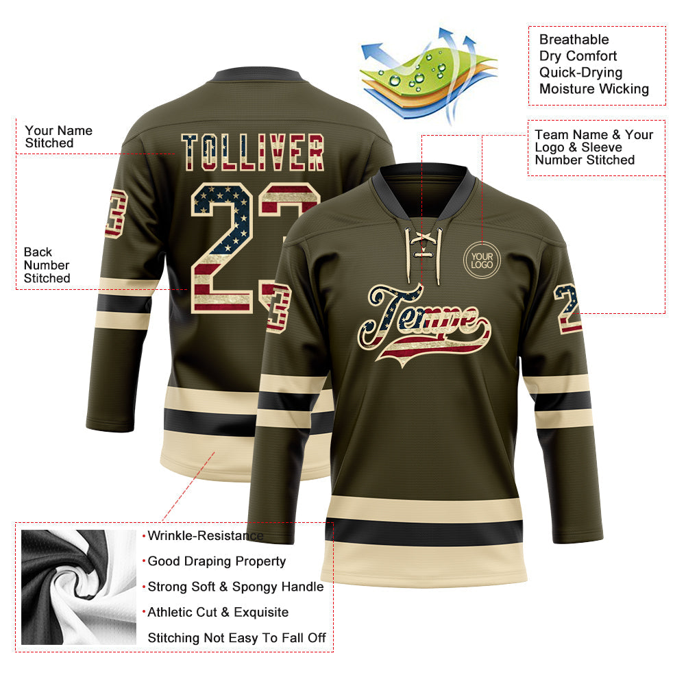 Custom Olive Vintage USA Flag Cream-Black Salute To Service Hockey Lace Neck Jersey - Sky-Custom