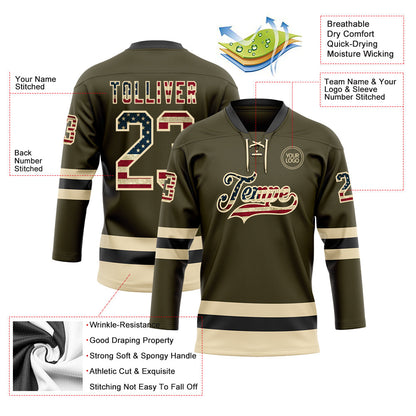 Custom Olive Vintage USA Flag Cream-Black Salute To Service Hockey Lace Neck Jersey - Sky-Custom