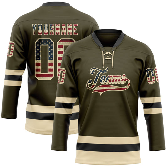 Custom Olive Vintage USA Flag Cream-Black Salute To Service Hockey Lace Neck Jersey - Sky-Custom