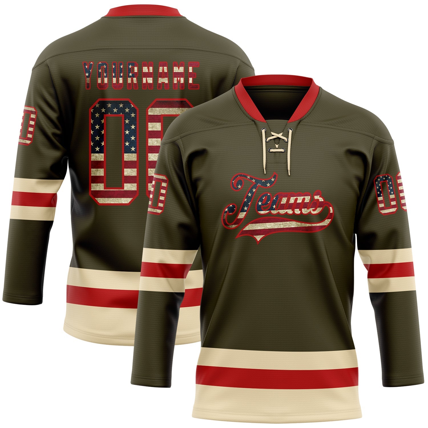 Custom Olive Vintage USA Flag Red-Cream Salute To Service Hockey Lace Neck Jersey - Sky-Custom