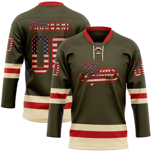 Custom Olive Vintage USA Flag Red-Cream Salute To Service Hockey Lace Neck Jersey - Sky-Custom