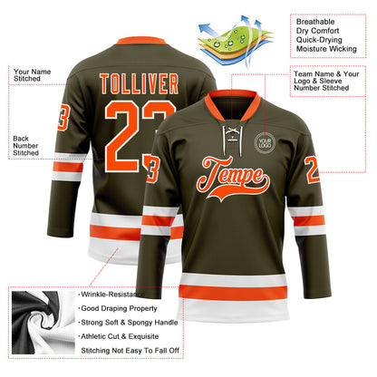 Custom Olive Orange-White Salute To Service Hockey Lace Neck Jersey - Sky-Custom