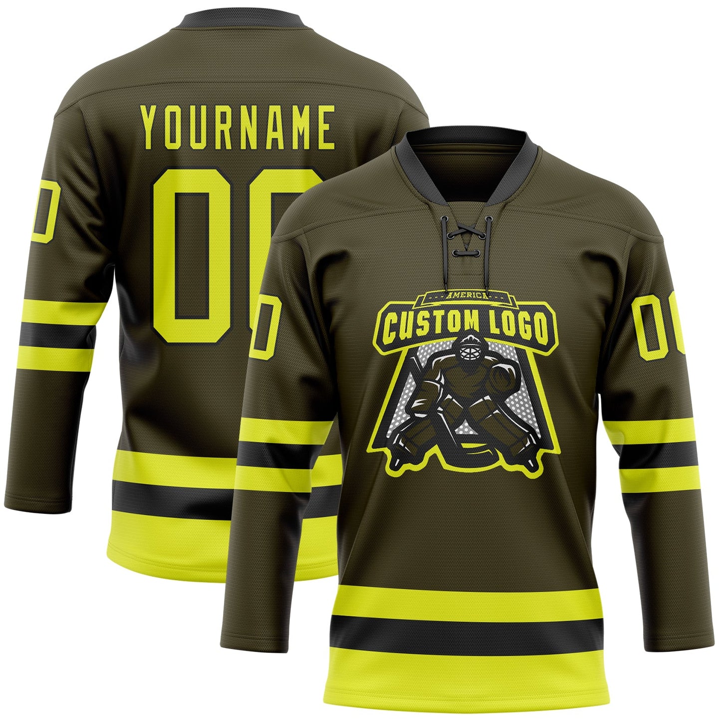 Custom Olive Neon Yellow-Black Salute To Service Hockey Lace Neck Jersey - Sky-Custom