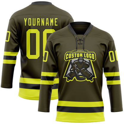 Custom Olive Neon Yellow-Black Salute To Service Hockey Lace Neck Jersey - Sky-Custom