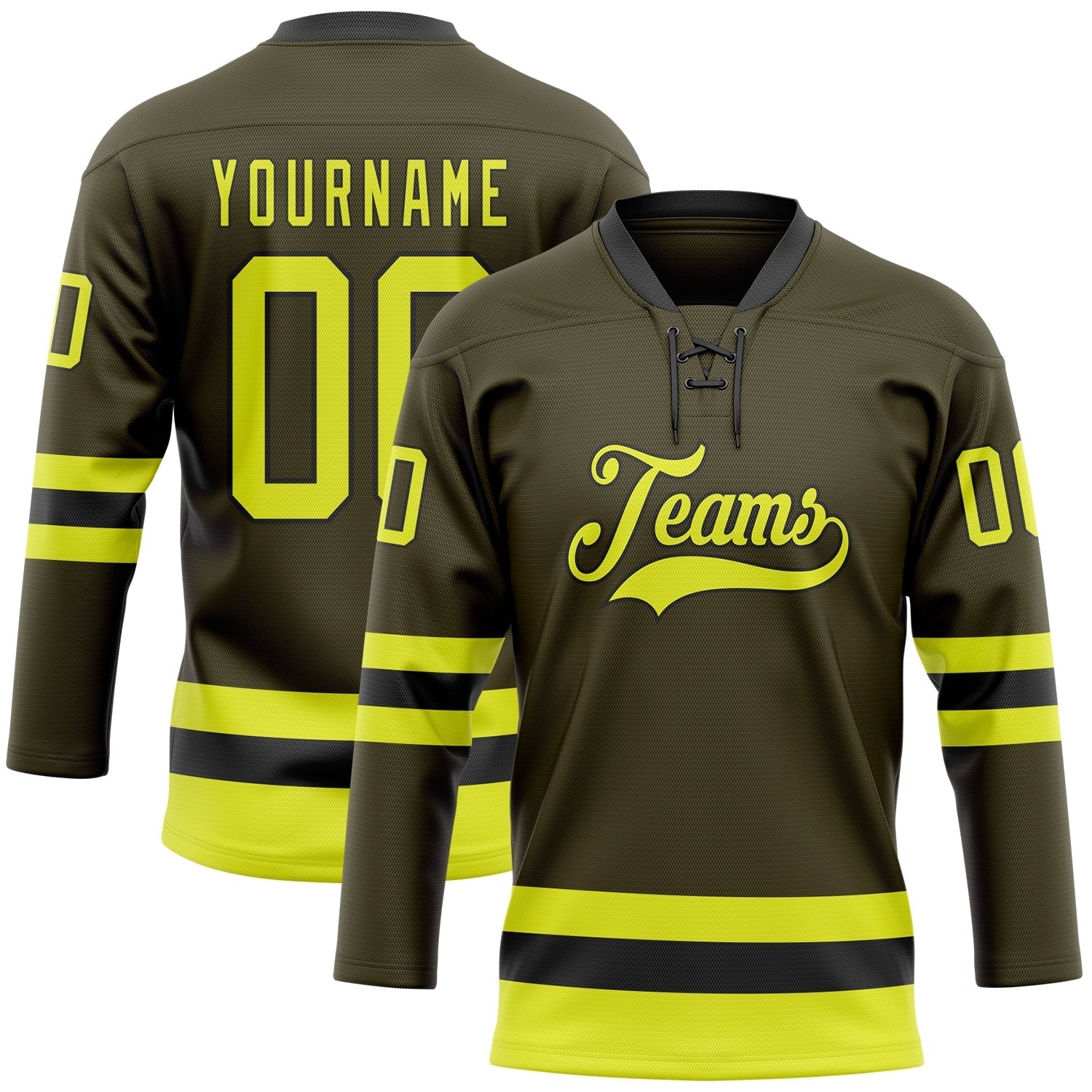 Custom Olive Neon Yellow-Black Salute To Service Hockey Lace Neck Jersey - Sky-Custom
