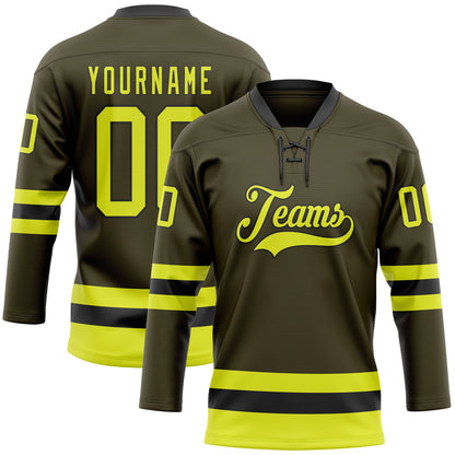 Custom Olive Neon Yellow-Black Salute To Service Hockey Lace Neck Jersey - Sky-Custom