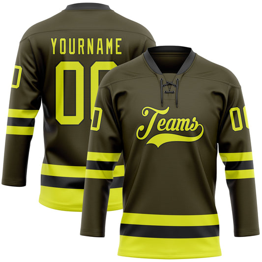 Custom Olive Neon Yellow-Black Salute To Service Hockey Lace Neck Jersey - Sky-Custom