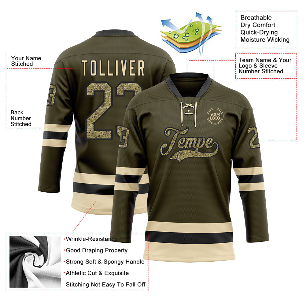 Custom Olive Camo Black-Cream Salute To Service Hockey Lace Neck Jersey - Sky-Custom
