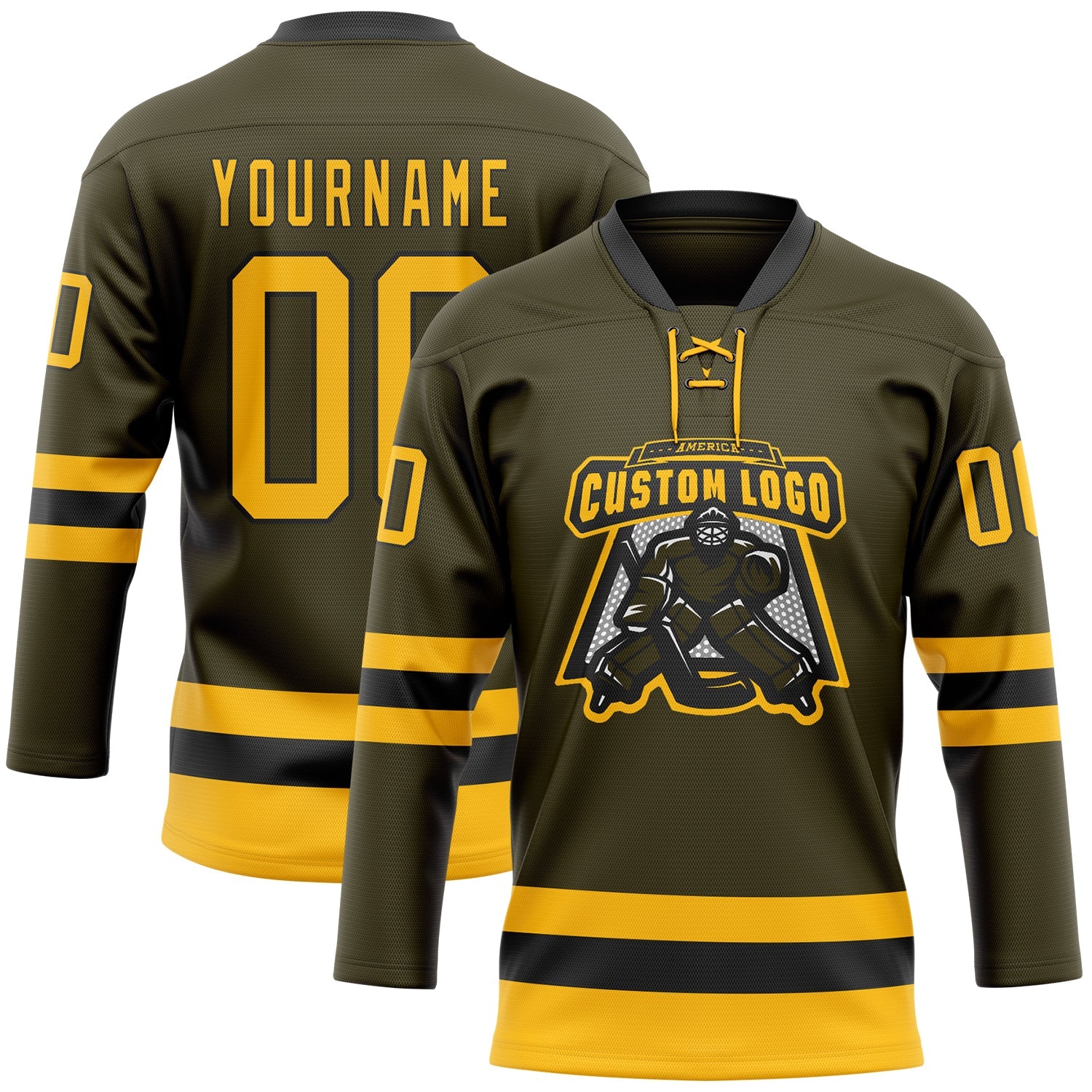 Custom Olive Gold-Black Salute To Service Hockey Lace Neck Jersey - Sky-Custom