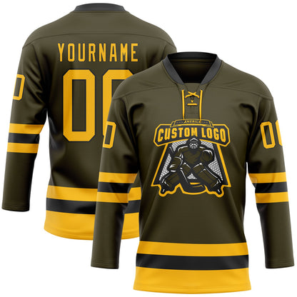 Custom Olive Gold-Black Salute To Service Hockey Lace Neck Jersey - Sky-Custom