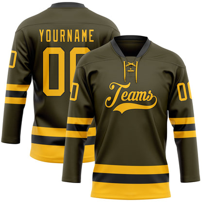 Custom Olive Gold-Black Salute To Service Hockey Lace Neck Jersey - Sky-Custom