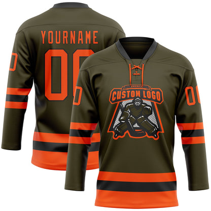 Custom Olive Orange-Black Salute To Service Hockey Lace Neck Jersey - Sky-Custom