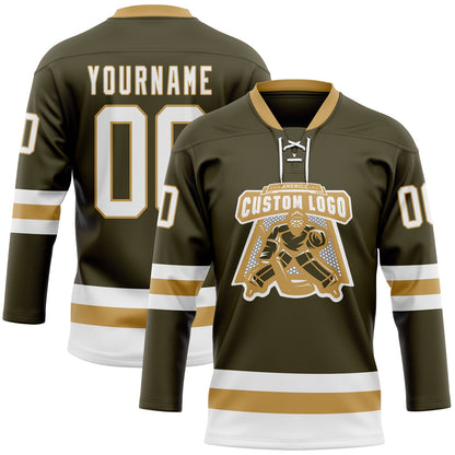 Custom Olive White-Old Gold Salute To Service Hockey Lace Neck Jersey - Sky-Custom