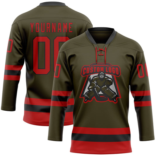 Custom Olive Red-Black Salute To Service Hockey Lace Neck Jersey - Sky-Custom