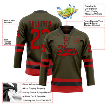 Custom Olive Red-Black Salute To Service Hockey Lace Neck Jersey - Sky-Custom