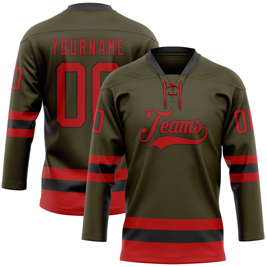 Custom Olive Red-Black Salute To Service Hockey Lace Neck Jersey - Sky-Custom