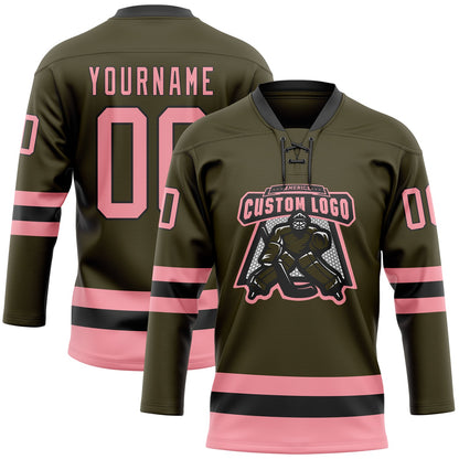 Custom Olive Medium Pink-Black Salute To Service Hockey Lace Neck Jersey - Sky-Custom