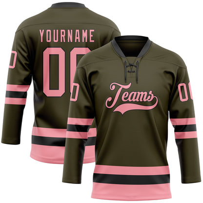 Custom Olive Medium Pink-Black Salute To Service Hockey Lace Neck Jersey - Sky-Custom