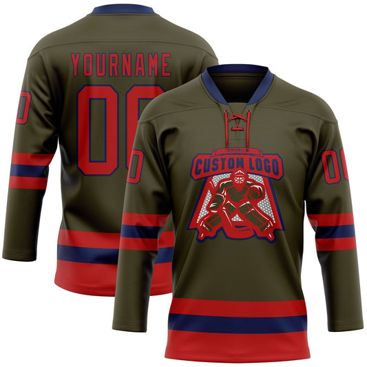 Custom Olive Red-Navy Salute To Service Hockey Lace Neck Jersey - Sky-Custom