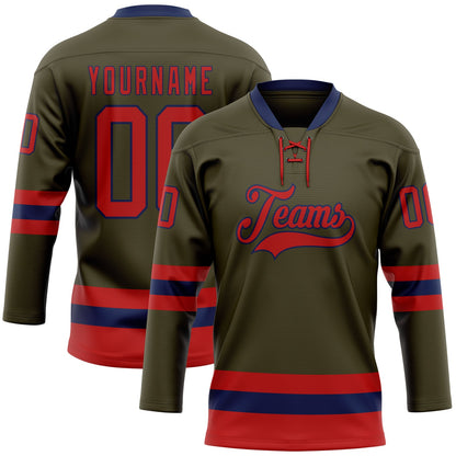 Custom Olive Red-Navy Salute To Service Hockey Lace Neck Jersey - Sky-Custom