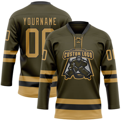 Custom Olive Old Gold-Black Salute To Service Hockey Lace Neck Jersey - Sky-Custom