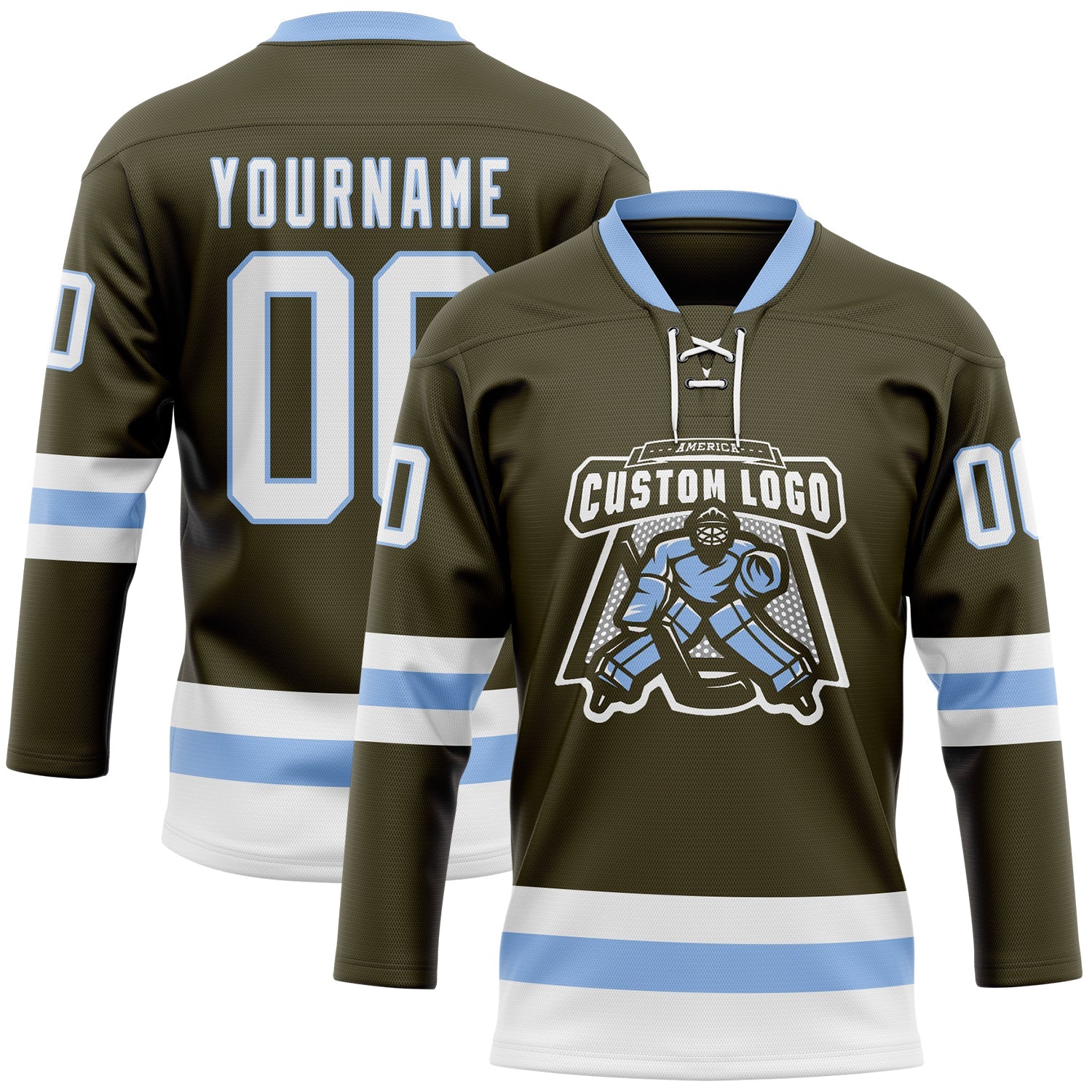 Custom Olive White-Light Blue Salute To Service Hockey Lace Neck Jersey - Sky-Custom