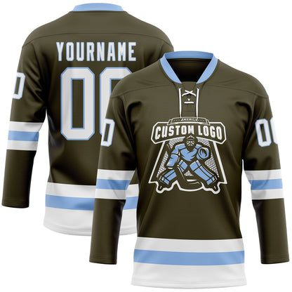 Custom Olive White-Light Blue Salute To Service Hockey Lace Neck Jersey - Sky-Custom