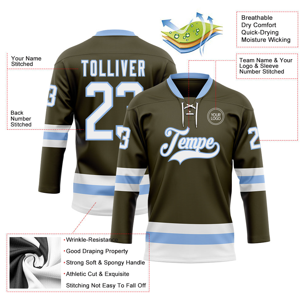 Custom Olive White-Light Blue Salute To Service Hockey Lace Neck Jersey - Sky-Custom