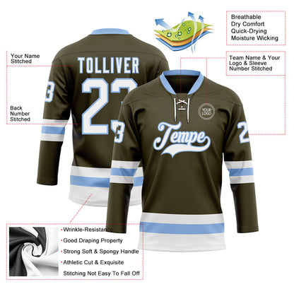 Custom Olive White-Light Blue Salute To Service Hockey Lace Neck Jersey - Sky-Custom