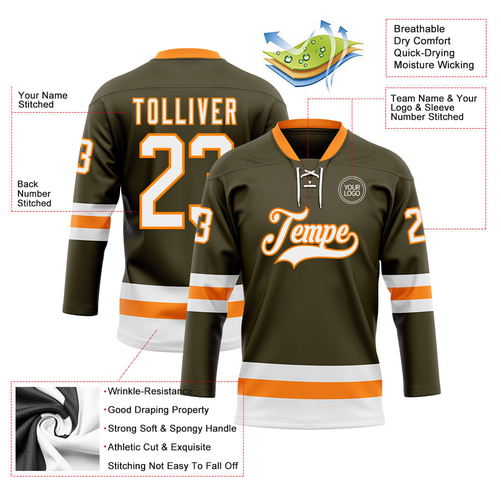 Custom Olive White-Bay Orange Salute To Service Hockey Lace Neck Jersey - Sky-Custom