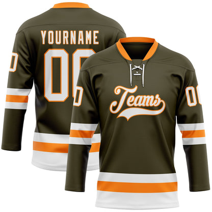 Custom Olive White-Bay Orange Salute To Service Hockey Lace Neck Jersey - Sky-Custom