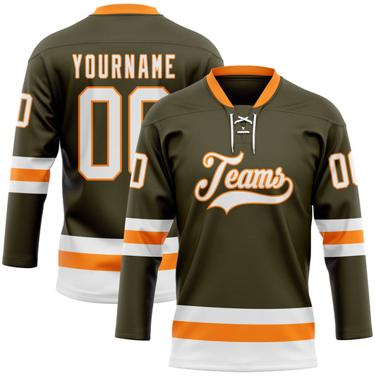 Custom Olive White-Bay Orange Salute To Service Hockey Lace Neck Jersey - Sky-Custom