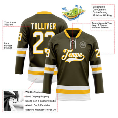 Custom Olive White-Gold Salute To Service Hockey Lace Neck Jersey - Sky-Custom