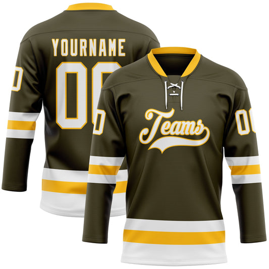 Custom Olive White-Gold Salute To Service Hockey Lace Neck Jersey - Sky-Custom