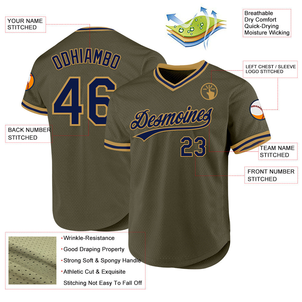 Custom Olive Navy-Old Gold Authentic Throwback Salute To Service Baseball Jersey - Sky-Custom