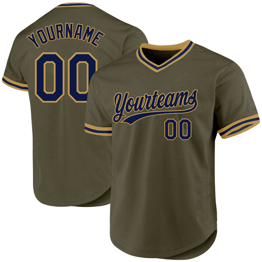 Custom Olive Navy-Old Gold Authentic Throwback Salute To Service Baseball Jersey - Sky-Custom
