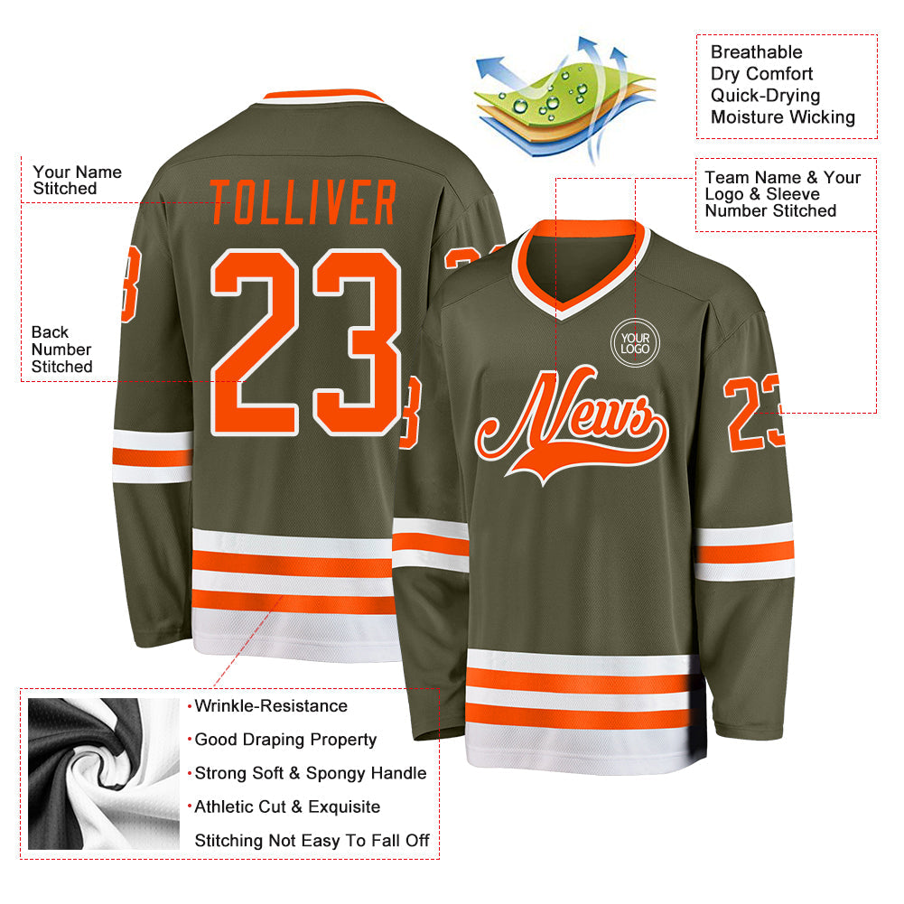 Custom Olive Orange-White Salute To Service Hockey Jersey - Sky-Custom