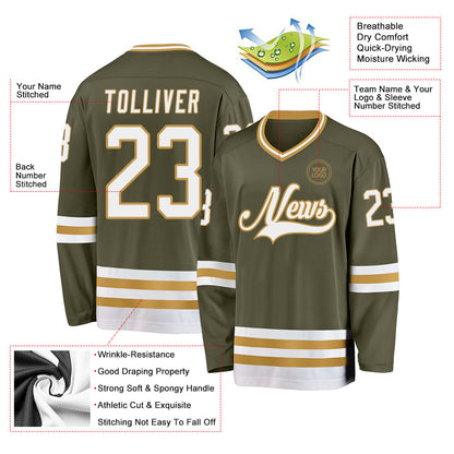 Custom Olive White-Old Gold Salute To Service Hockey Jersey - Sky-Custom