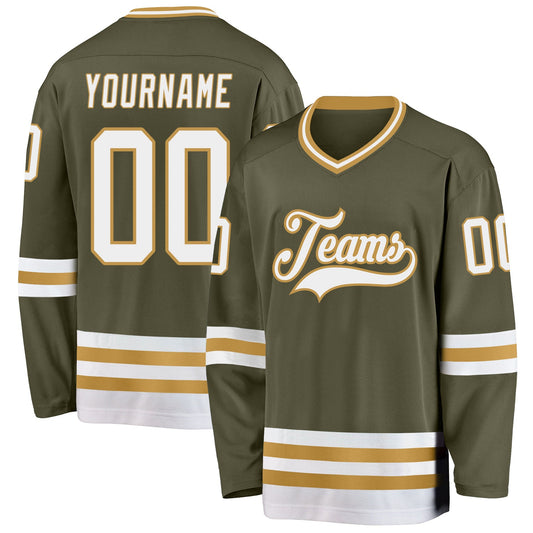 Custom Olive White-Old Gold Salute To Service Hockey Jersey - Sky-Custom
