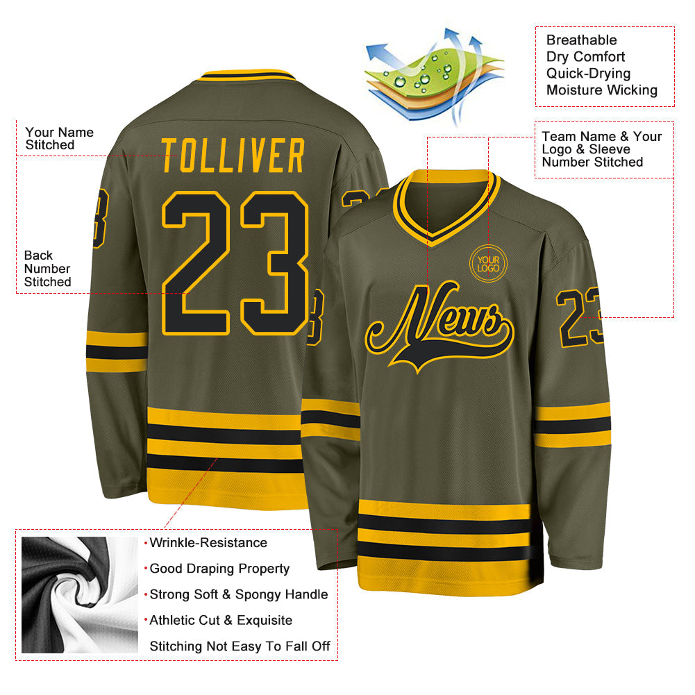 Custom Olive Black-Gold Salute To Service Hockey Jersey - Sky-Custom
