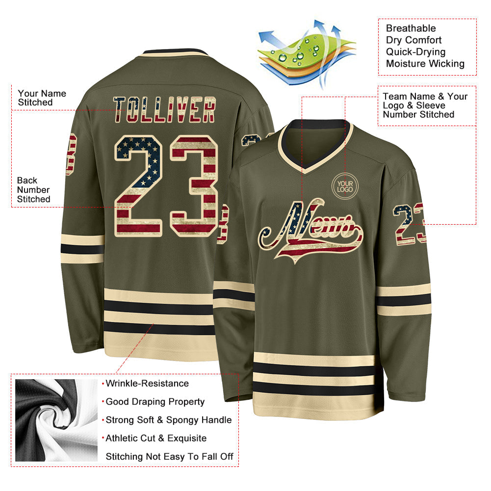 Custom Olive Vintage USA Flag Cream-Black Salute To Service Hockey Jersey - Sky-Custom