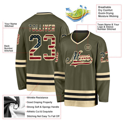 Custom Olive Vintage USA Flag Cream-Black Salute To Service Hockey Jersey - Sky-Custom