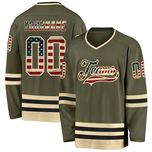Custom Olive Vintage USA Flag Cream-Black Salute To Service Hockey Jersey - Sky-Custom