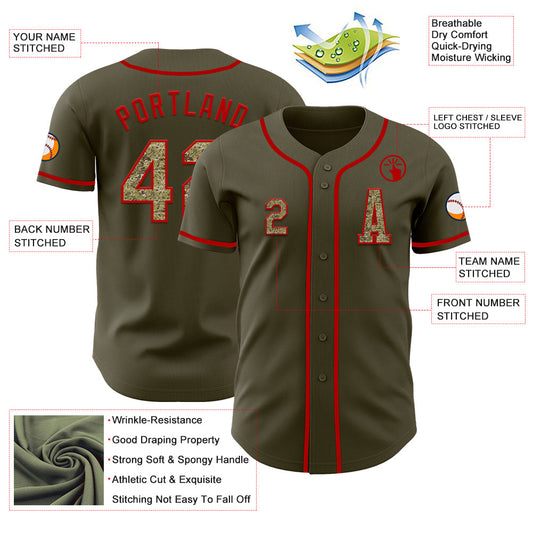 Custom Olive Camo-Red Authentic Salute To Service Baseball Jersey - Sky-Custom