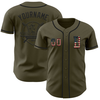 Custom Olive Vintage USA Flag-Black Authentic Salute To Service Baseball Jersey - Sky-Custom