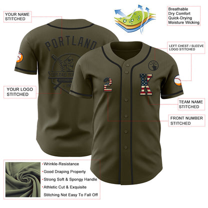 Custom Olive Vintage USA Flag-Black Authentic Salute To Service Baseball Jersey - Sky-Custom