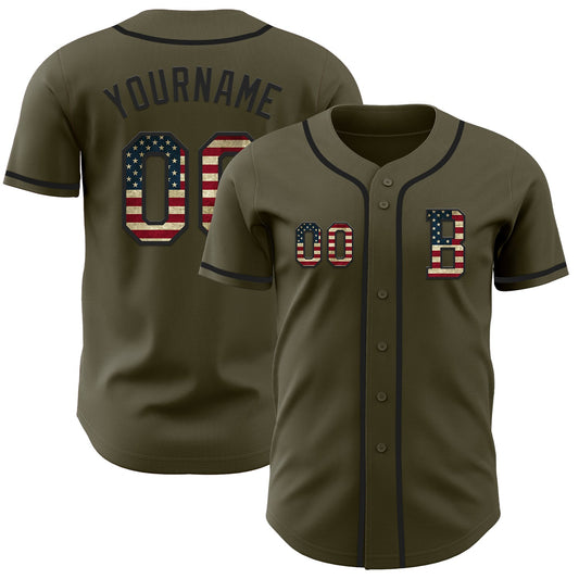 Custom Olive Vintage USA Flag-Black Authentic Salute To Service Baseball Jersey - Sky-Custom