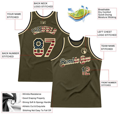Custom Olive Vintage USA Flag Cream-Black Authentic Throwback Salute To Service Basketball Jersey - Sky-Custom